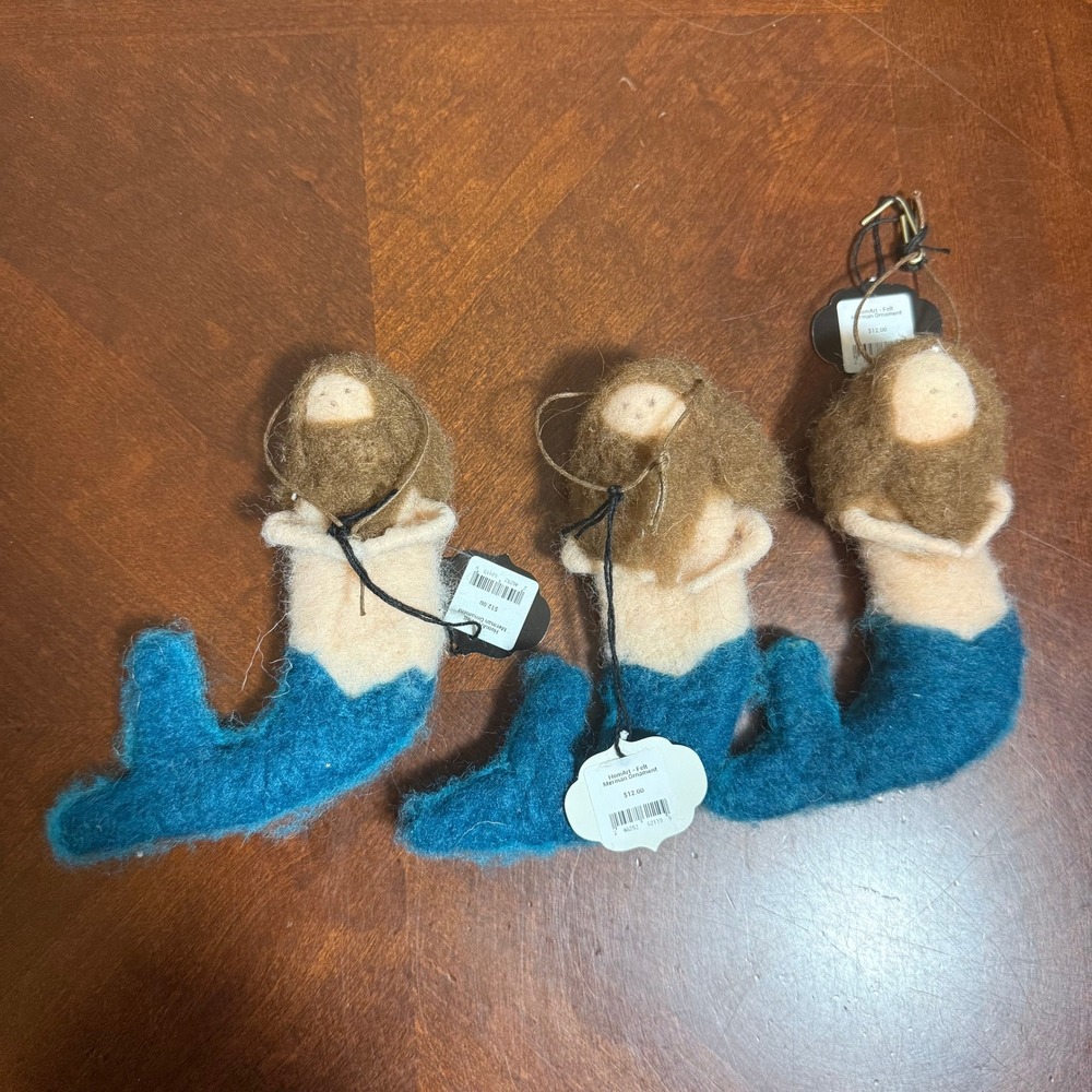 Set of 3 Felt Mermaid Ornaments Teal Blue Brown Hair Holiday Decor